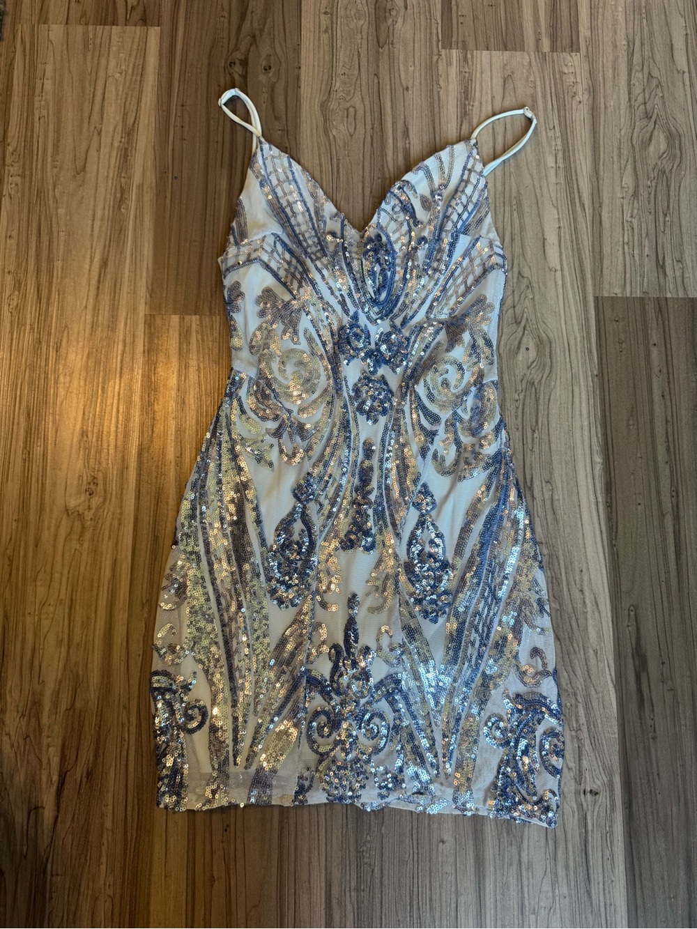 Lucy in the Sky White Mini Dress with Blue and Silver Sequins - Picture 1 of 3